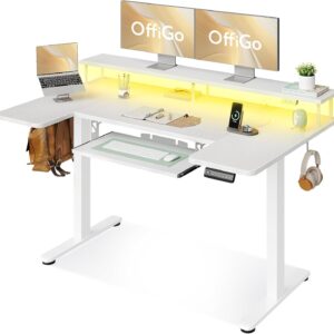 OffiGo Electric Standing Desk 55" — Height Adjustable with Power Outlets & LED Lights