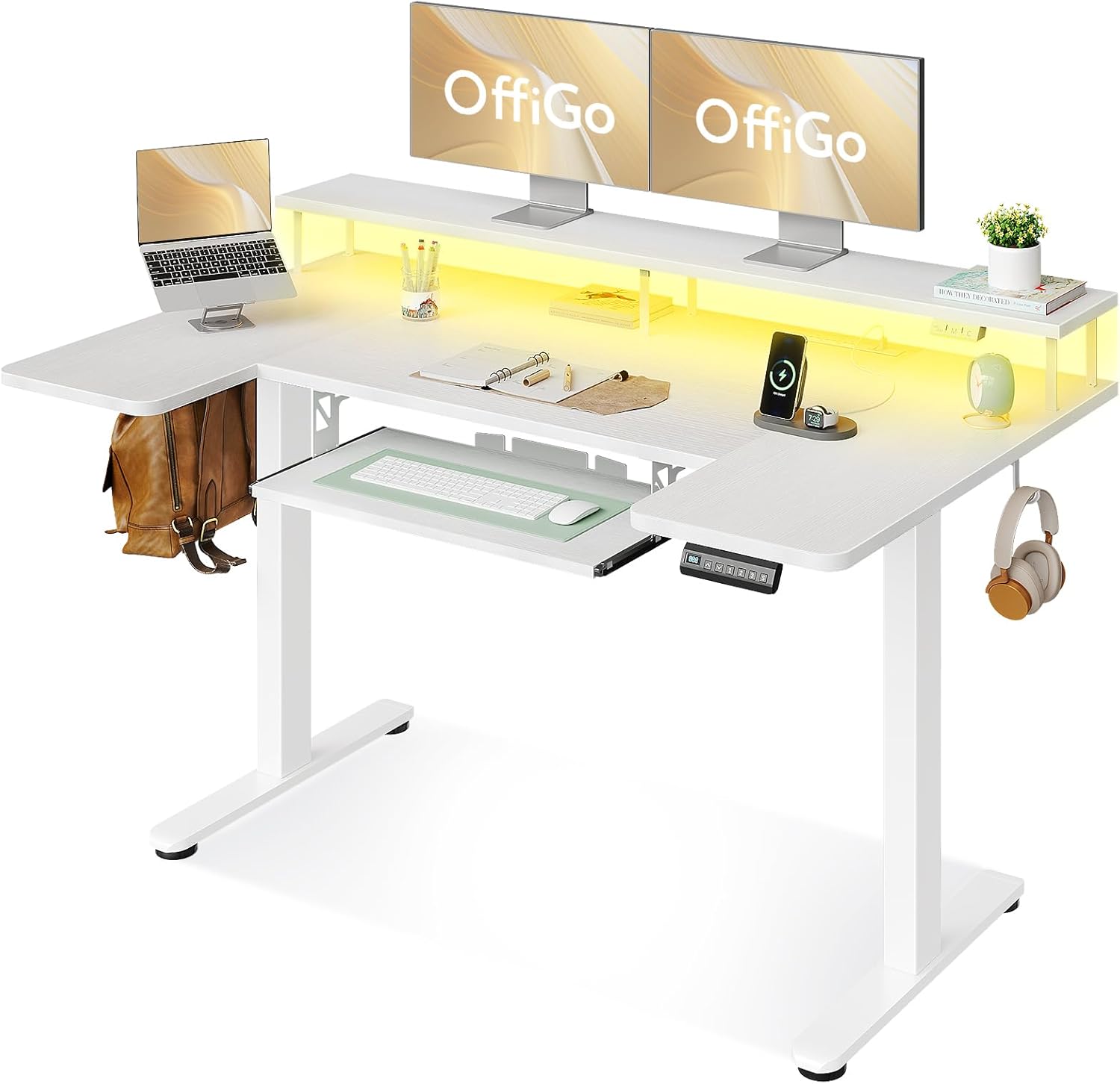 OffiGo Electric Standing Desk 55" — Height Adjustable with Power Outlets & LED Lights