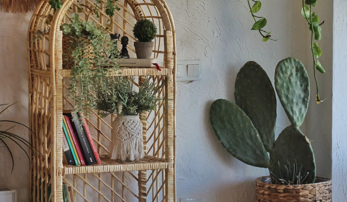 Cozy living room corner styled with woven baskets, a jute rug, and natural textures