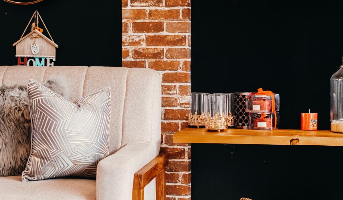 Cozy living room corner styled with framed art
