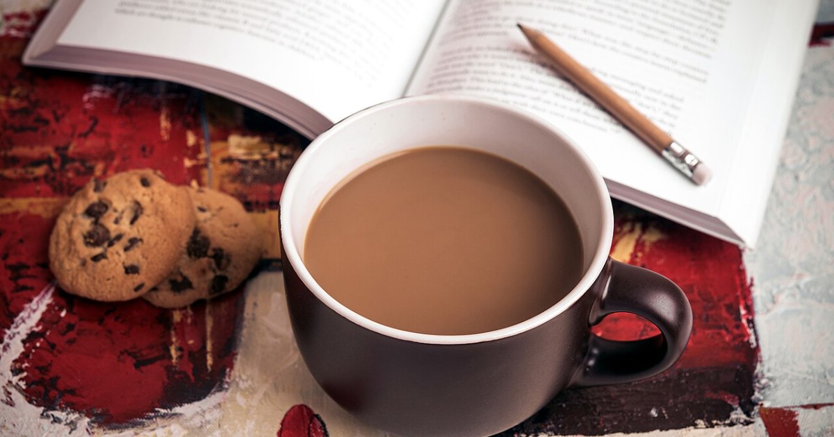 Mug of coffee with cookies and an open book on a cozy blanket